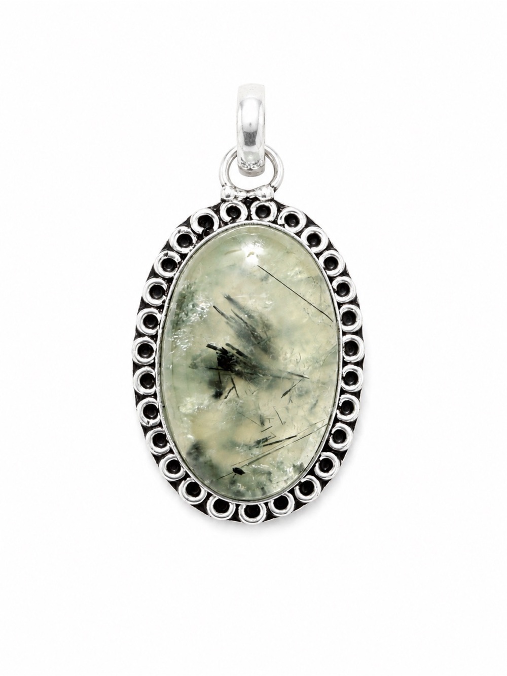 Oval Green Stone Pendant in Silver-Style Bezel